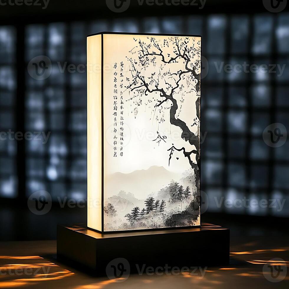 Lit Table Lamp Showcasing Traditional Asian Art Featuring a Black Ink Painting of a Plum Tree and Misty Mountains Creating an Ambient Glow in a Serene Room photo