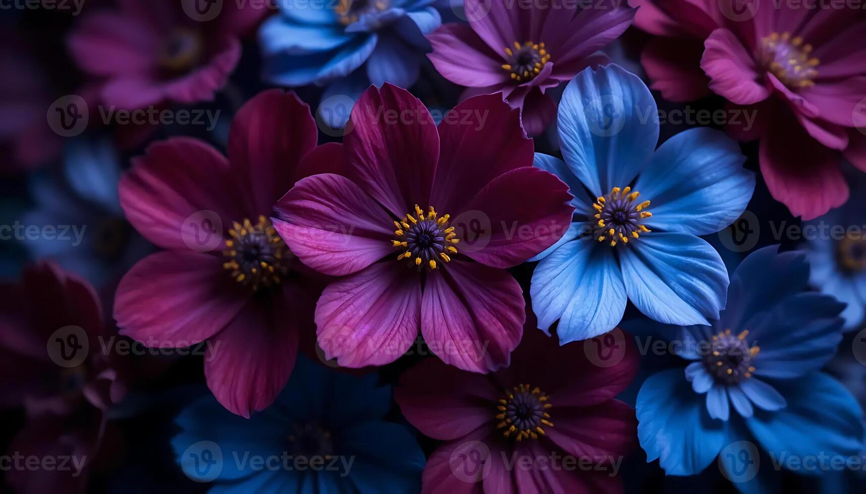 Close up of vibrant cosmos flowers displaying rich magenta and blue petals, illuminated by soft light, creating a captivating floral arrangement with yellow centers photo
