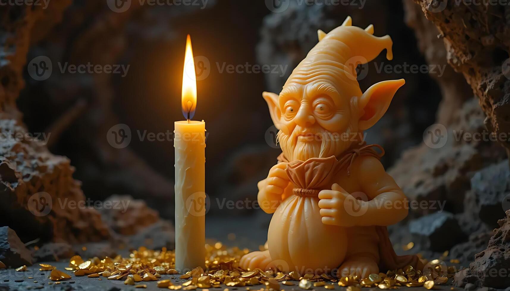 Enigmatic gnome guarding gold with candlelight illuminating his cave a treasure trove adventure fantasy and folklore a mysterious guardian photo