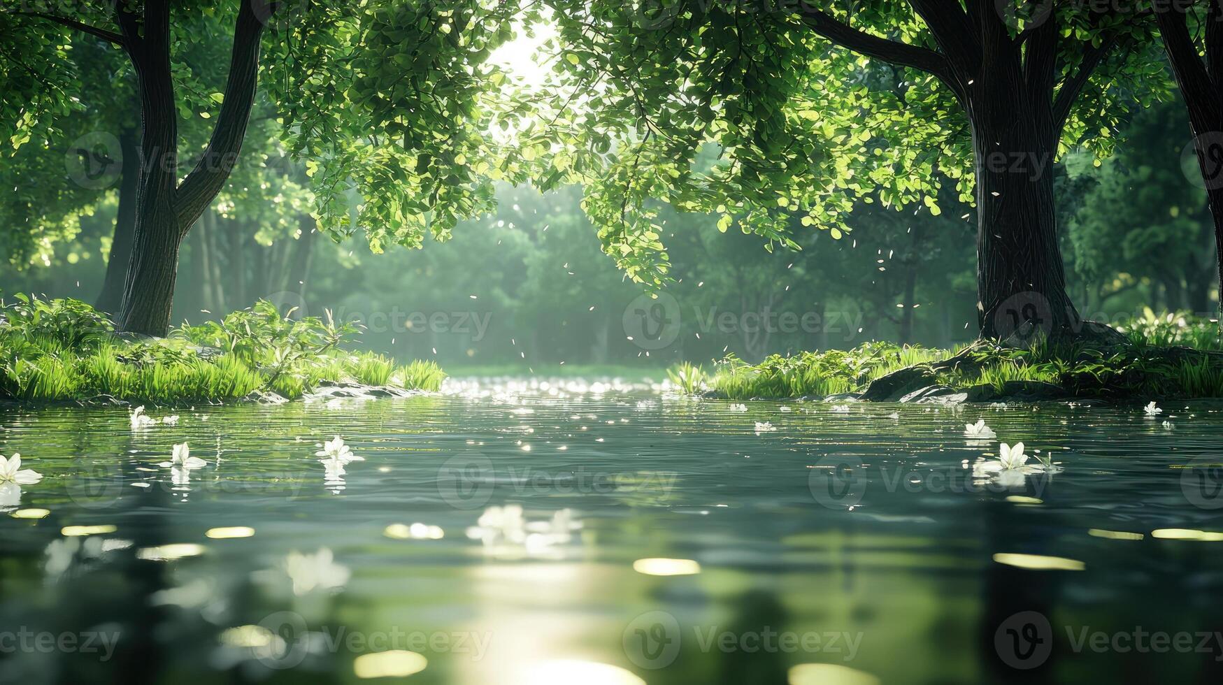 Serene nature scene featuring sunlight filtering through lush green trees, illuminating a tranquil pond with floating petals and reflections, creating a peaceful and idyllic landscape photo
