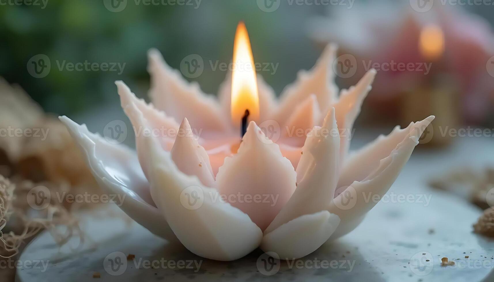 Lotus flower candle burning with a bright flame casting a warm glow, creating a relaxing atmosphere and serene ambiance in a tranquil setting, perfect for meditation and mindfulness practices. photo