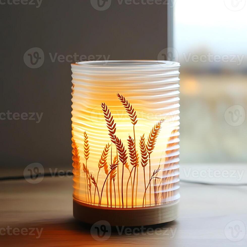 Illuminated Glass Aroma Diffuser Featuring Wheat Stalks Design Emitting Soft Ambient Light on Wooden Surface Near Window Creating Serene Atmosphere, Perfect for Aromatherapy and Home Decor photo