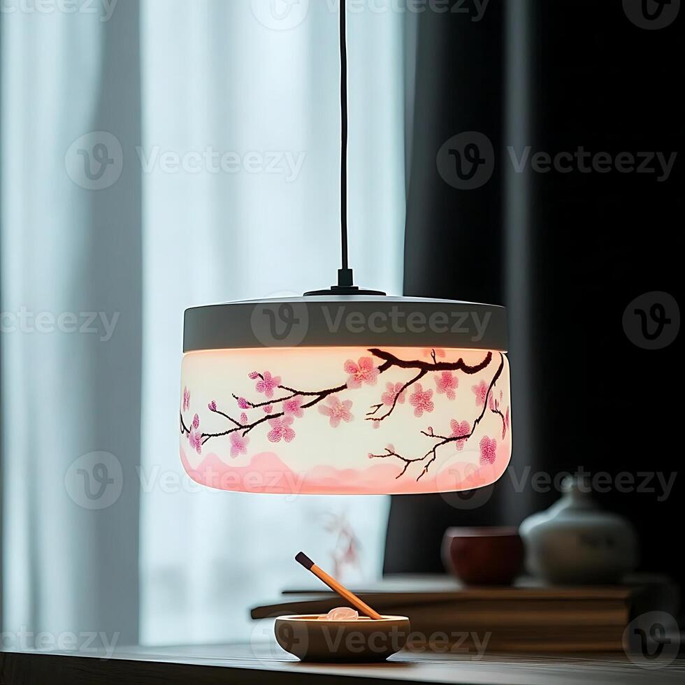 Decorative Pendant Light with Cherry Blossom Design Illuminating a Serene Space Creating an Atmosphere of Warmth and Tranquility in a Modern Interior Setting photo