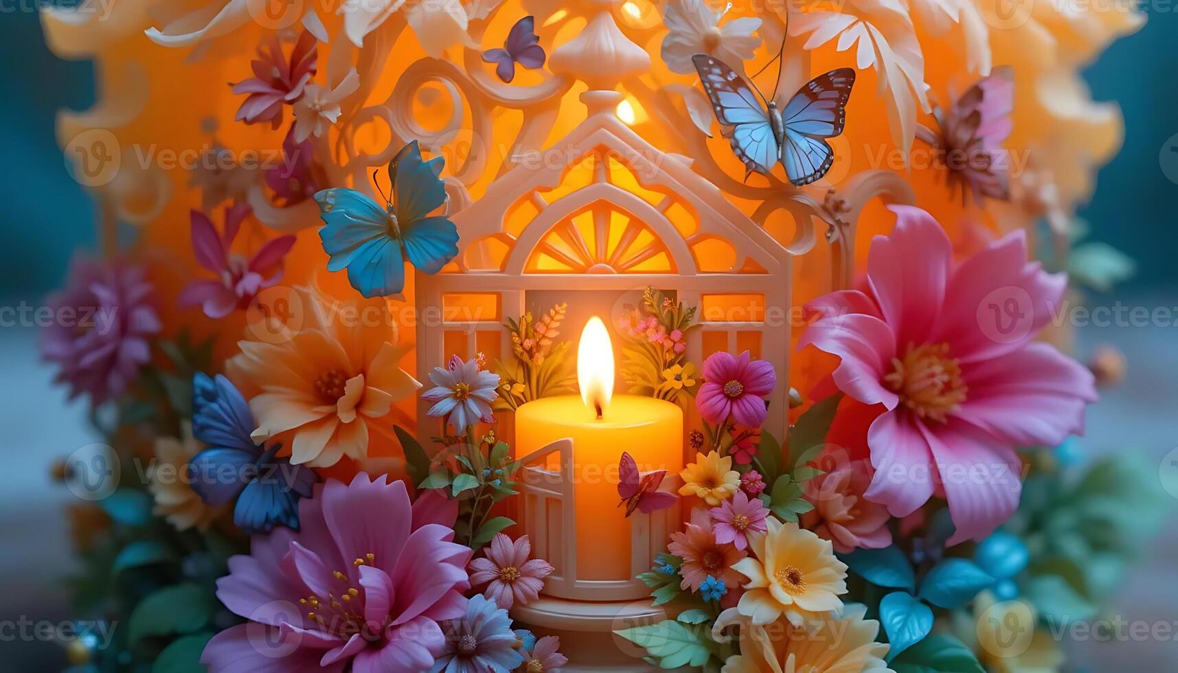 Decorative Candlelight Scene with Flowers and Butterflies Illuminating a Miniature House Structure, Casting a Warm Glow in a Floral Arrangement, Creating a Serene Ambiance photo