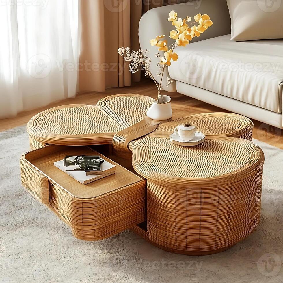 Stylish rattan coffee table design displaying a flower shape with an open drawer in a cozy living room, showcasing modern home decor and furniture arrangement for relaxation and comfort photo