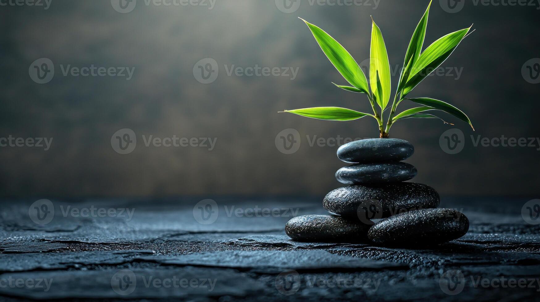 Peaceful Zen Garden Still Life Featuring Stacked Black Stones with Green Bamboo Plant Growing on Top Promoting Wellness and Serenity for Meditation and Relaxation photo