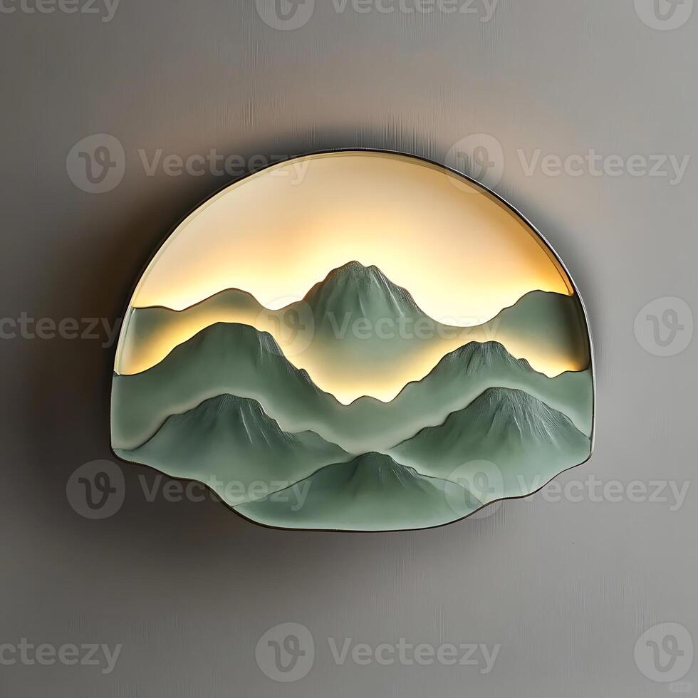 Decorative Mountain Wall Art with Ambient Lighting Creating Serene Interior Design and Artistic Home Decor Featuring Layered Mountains and Soft Glow photo