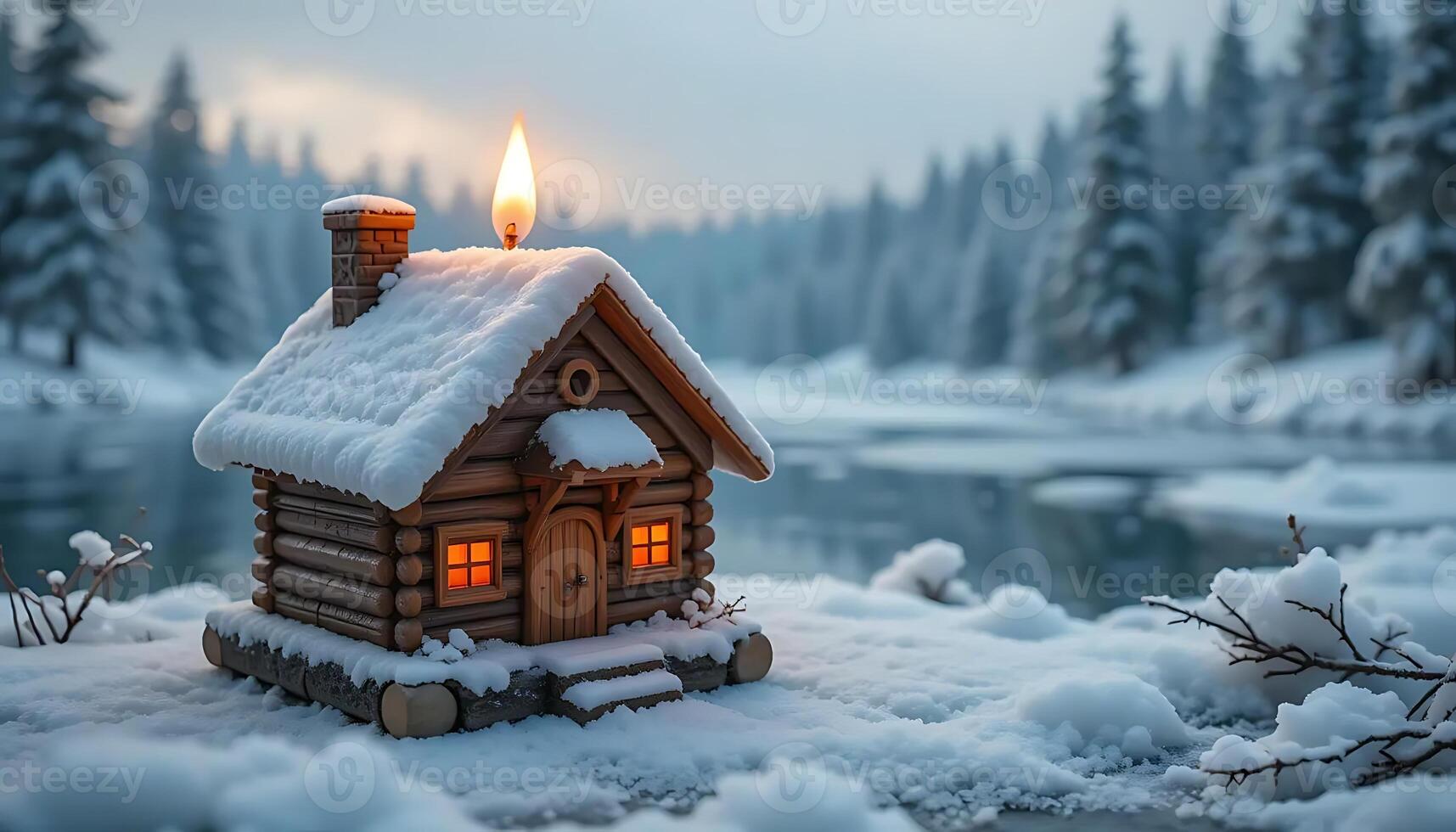 Enchanting Winter Cabin Scene A Cozy Log House with Snow-Covered Roof and a Glowing Candle in a Snowy Winter Landscape Creating a Warm and Inviting Ambiance photo