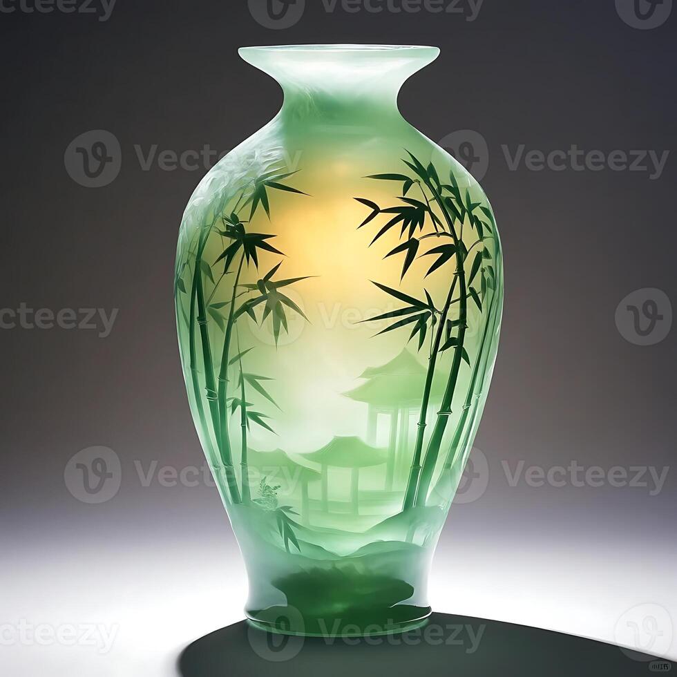 Elegant Green Glass Vase Featuring Bamboo and Pagoda Designs Standing Against a Softly Lit Backdrop Creating a Serene Aesthetic Appeal photo