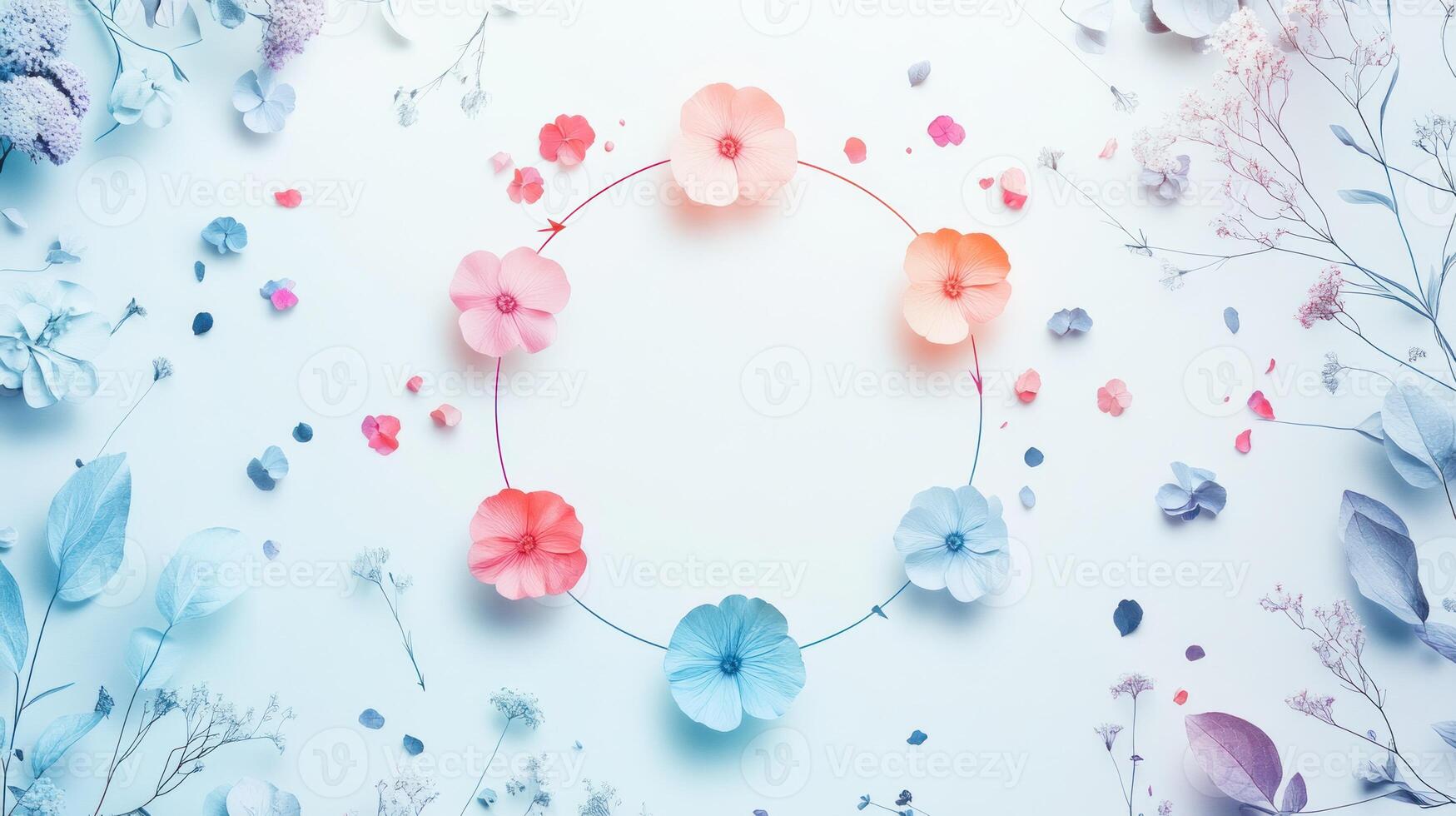 Floral Cycle of Colorful Flowers in a Circular Arrangement displaying Growth and Seasons, isolated on a White Background showcasing Colorful petals in a Blooming arrangement photo