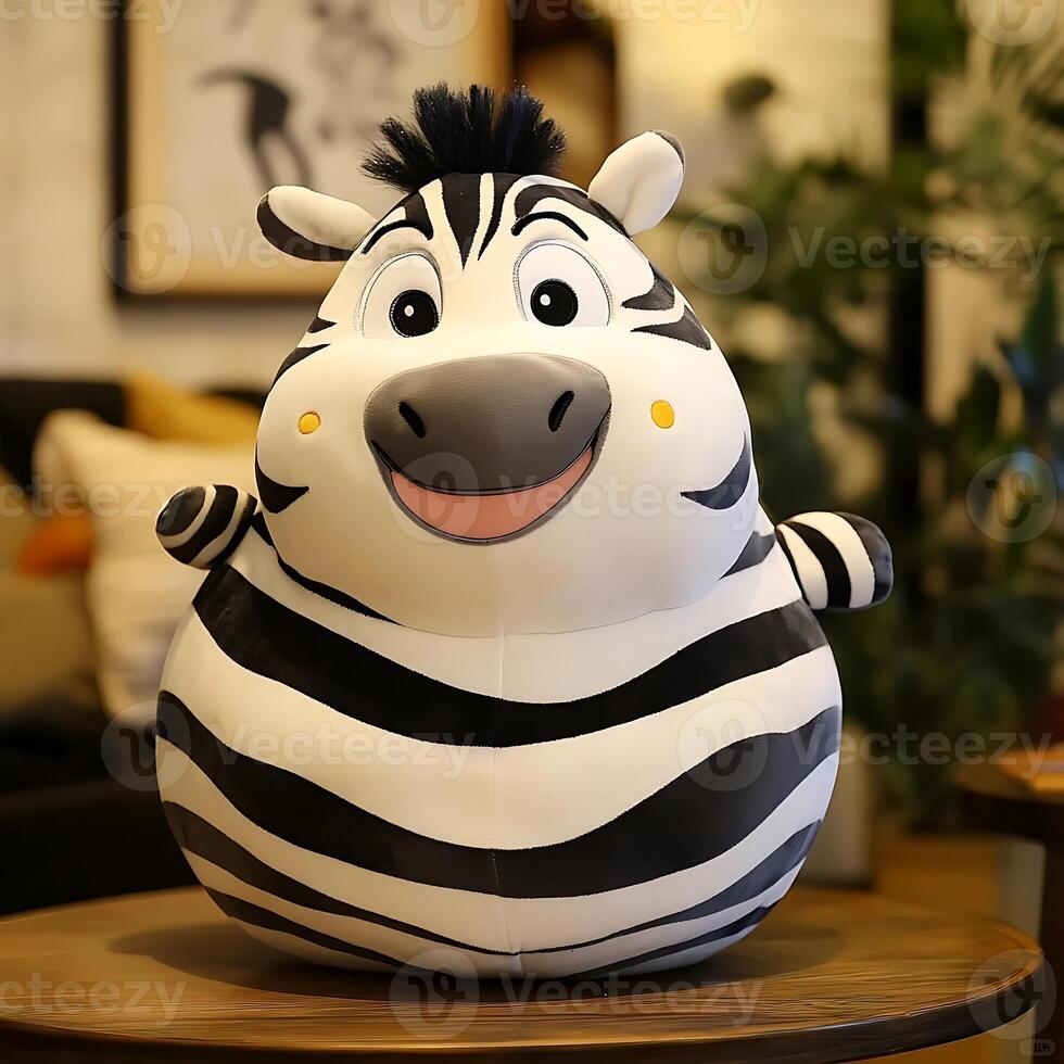 Adorable Cartoon Zebra Plush Toy Sitting on a Wooden Table, with a Round Body and Black and White Stripes, in a Playful and Joyful Room Setting, Perfect for Children photo