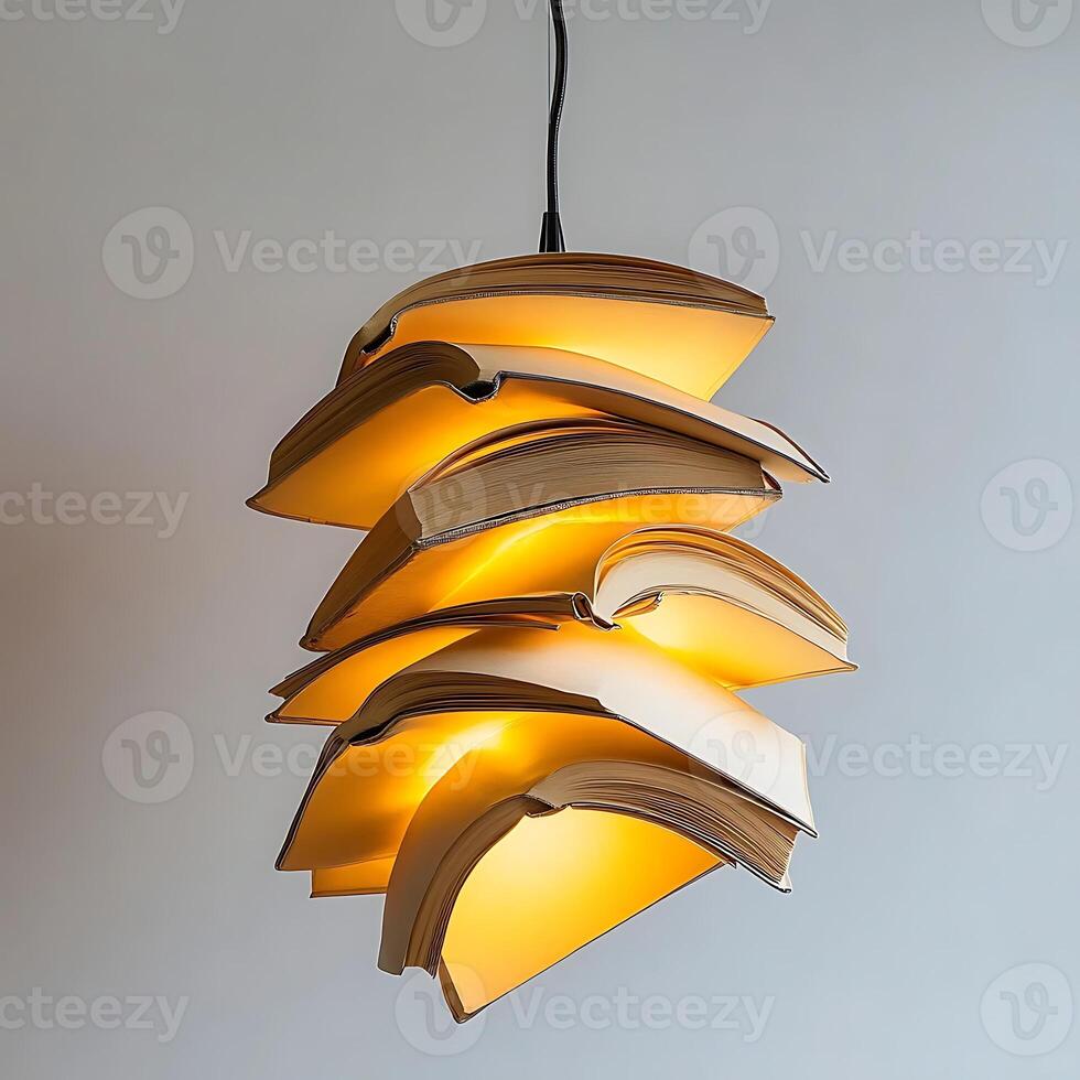 Unique book page lamp suspended from the ceiling illuminating the room with a warm glow creating an artistic and intellectual atmosphere in the interior space with creative design photo