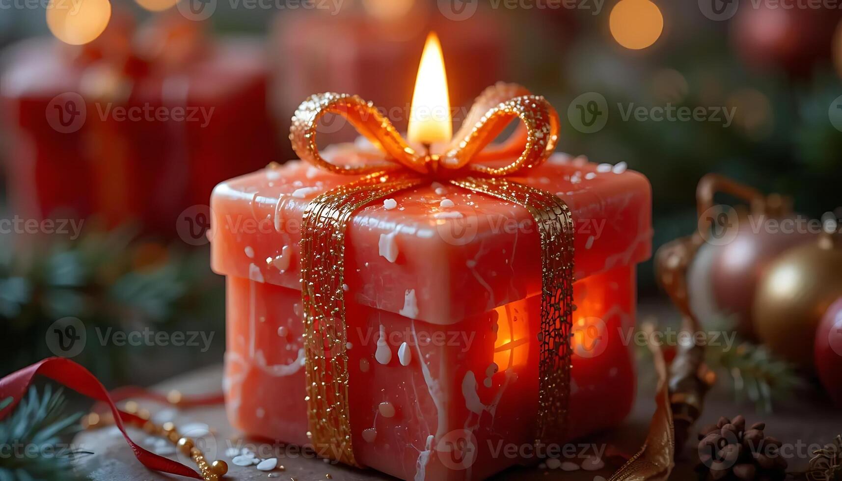 Festive Christmas Gift Candle with Burning Flame and Golden Ribbon Adornment Creating a Warm Holiday Ambiance, Surrounded by Evergreen Branches and Decorative Ornaments photo