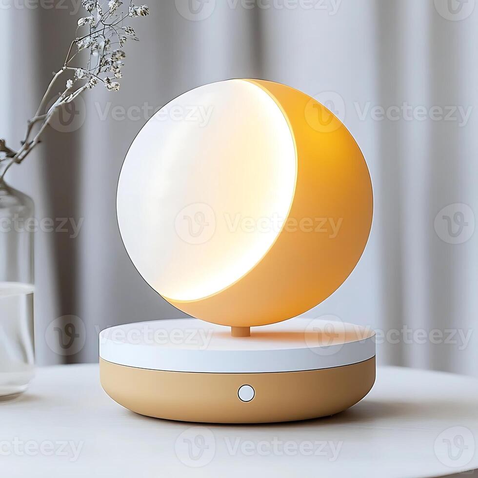 Crescent moon lamp illuminating a soft white glow in a modern bedroom setting casting a gentle light for relaxation creating a peaceful ambiance for bedtime photo