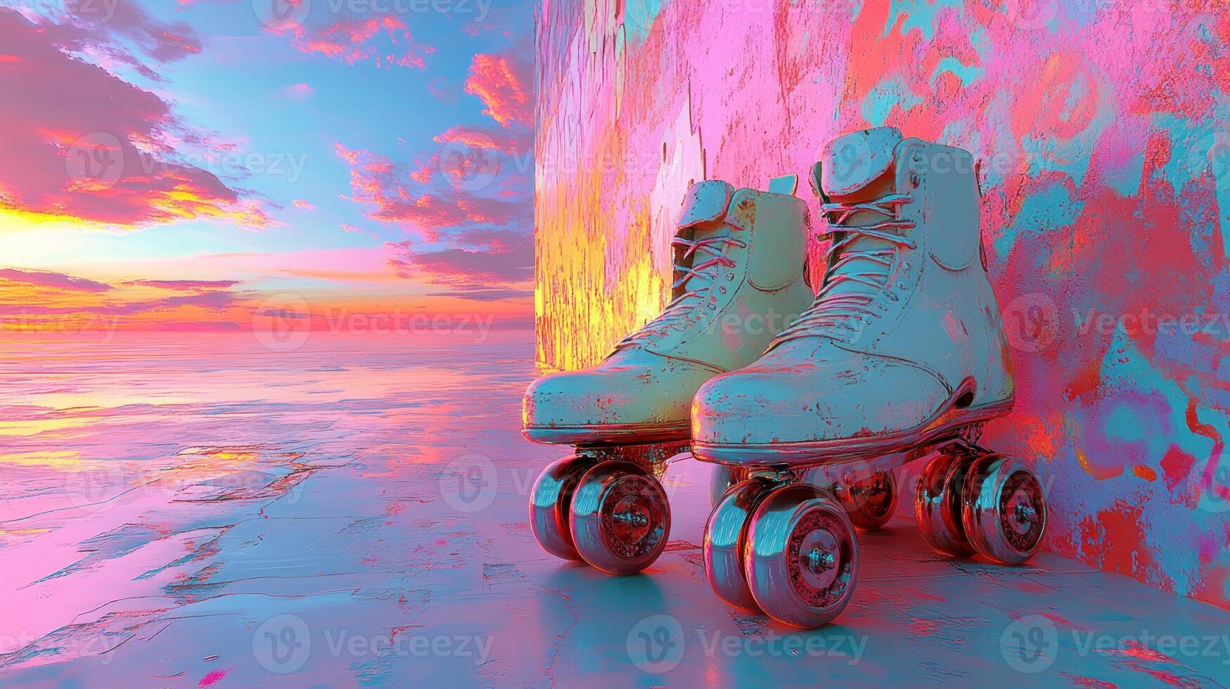 Retro roller skates against a vibrant sunset and textured wall embodying a nostalgic aesthetic and a carefree summer vibe perfect for lifestyle and leisure themes photo