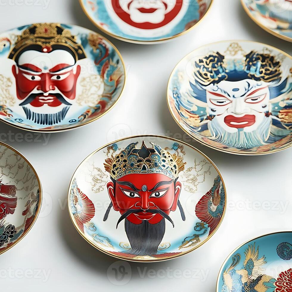 Decorative Plates Featuring Traditional Chinese Opera Masks Displayed on a White Surface Enhancing Cultural Aesthetics and Artistic Expression photo