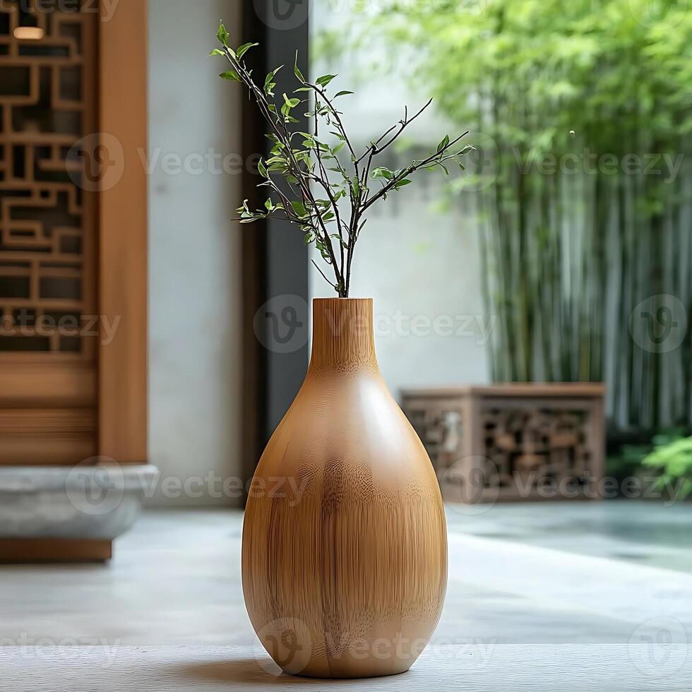 Elegant Bamboo Vase Displaying Green Twigs Indoors Near Window with Bamboo Garden View, Creating a Natural and Serene Atmosphere for Home Decor and Interior Design photo