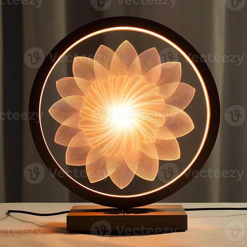 Illuminated flower lamp radiating a warm glow in a circular design, creating a calming ambiance with its intricate floral pattern and soft lighting, perfect for home decor photo
