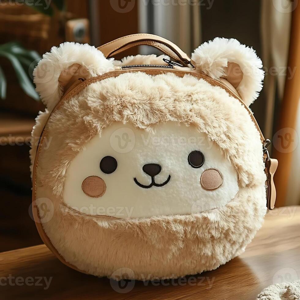 Adorable fluffy sheep backpack with cute face sitting on wooden table in natural light showing its soft texture and charming design making it perfect for kids and adults photo