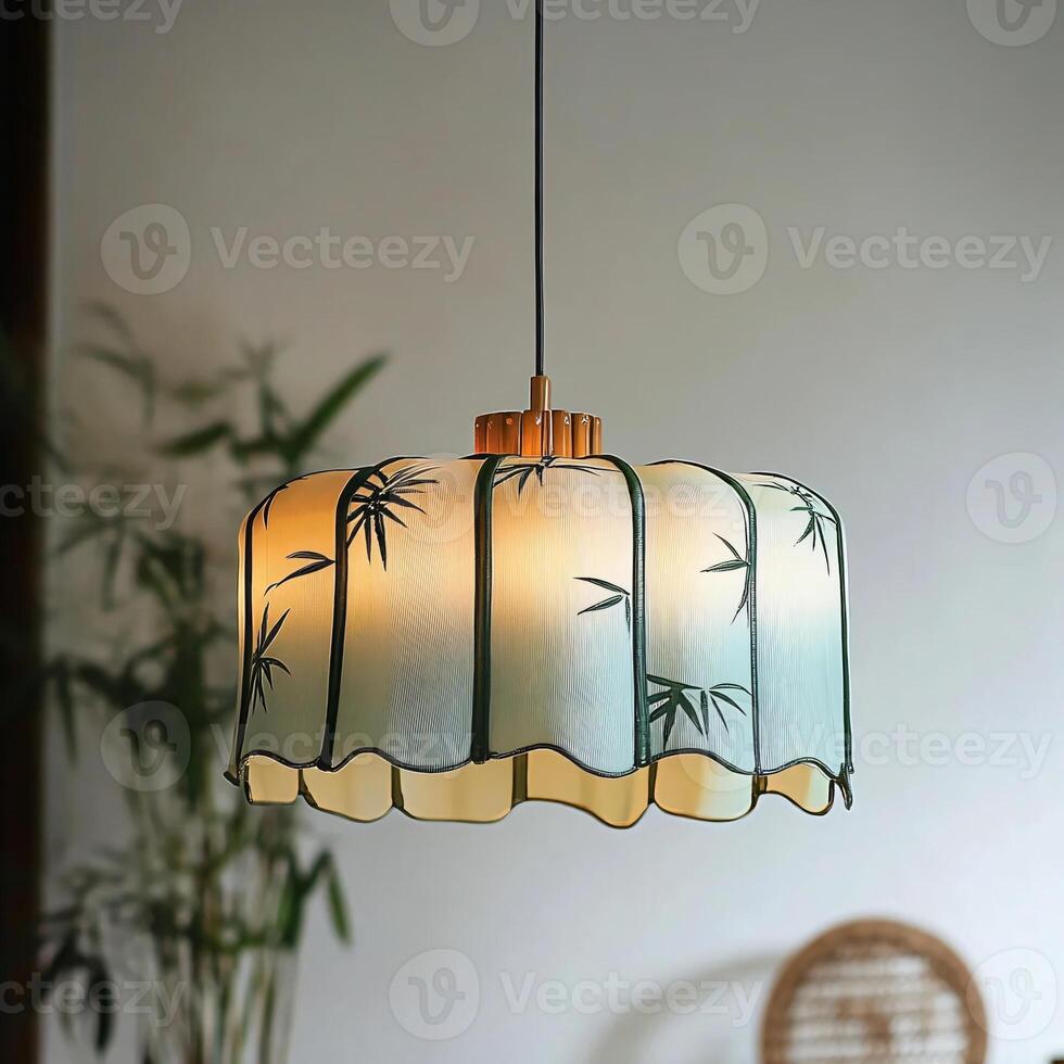 Elegant Asian Style Pendant Light Fixture with Bamboo Leaf Design Hanging in a Serene Interior Setting, Casting a Soft Glow and Creating a Calming Atmosphere photo