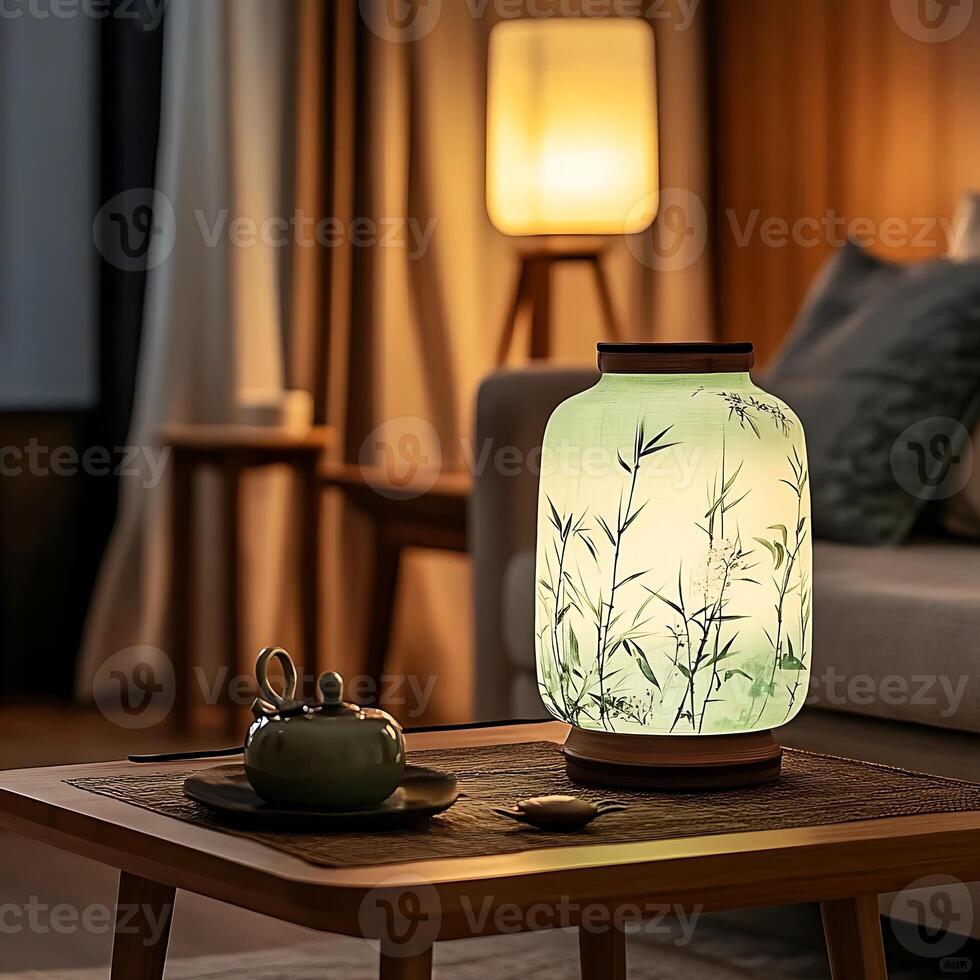 Elegant Asian Table Lamp Illuminated with Bamboo Design Displayed Next to Tea Set Creating a Warm and Inviting Interior Atmosphere with Serene Lighting and Decorative Elements photo