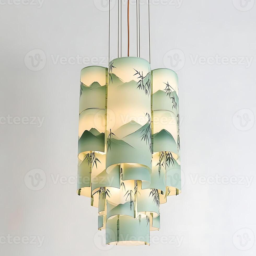 Elegant Chandelier with Landscape Design Hanging from Ceiling Illuminating Room, Featuring Bamboo and Mountain Motifs, Creating Serene Ambiance with Decorative Interior Fixture photo