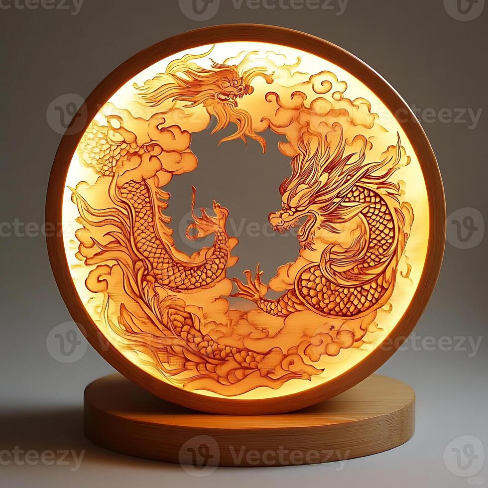 Illuminated Dragon Sculpture Display Featuring Ornate Dragons in Circular Frame with Intricate Details and Warm Glowing Light, Symbolizing Power and Mystical Asian Art photo