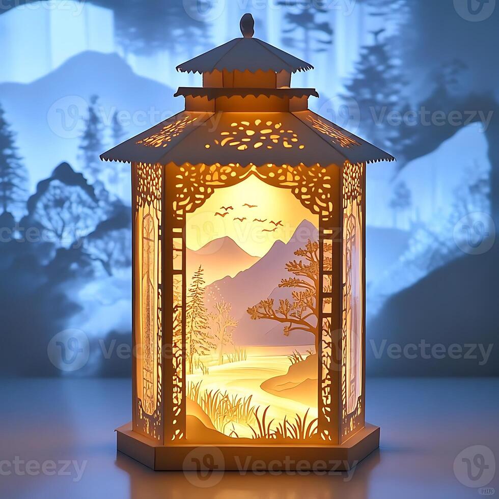 Illuminated lantern showcasing a serene landscape with mountains, trees, and flying birds casting a warm glow, creating a tranquil ambiance and decorative charm in a room photo