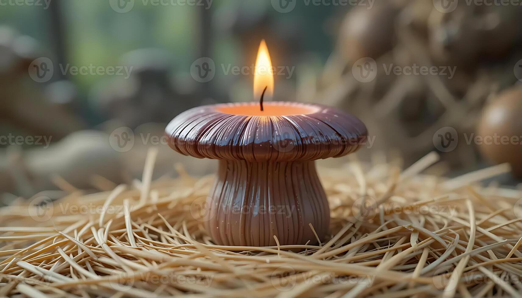 Mushroom Candle Burning Brightly on a Bed of Straw, a Cozy and Rustic Scene Evoking Autumnal Warmth and Tranquility, Creating a Relaxing Ambiance photo