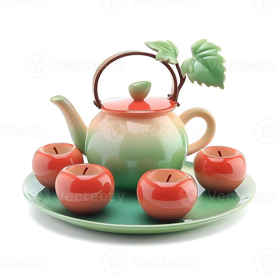 Charming Tea Set Display Featuring a Decorative Teapot with Vine Handle and Apple Shaped Cups Arranged on a Green Tray, Isolated on White Background photo