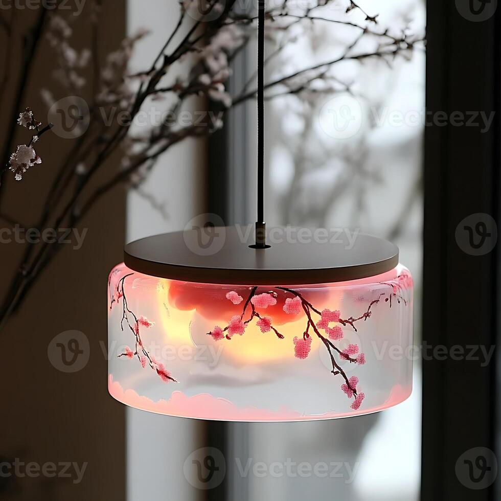 Elegant illuminated pendant lamp featuring cherry blossom design casting a warm glow in a serene room enhancing the atmosphere with a touch of floral beauty and modern style photo