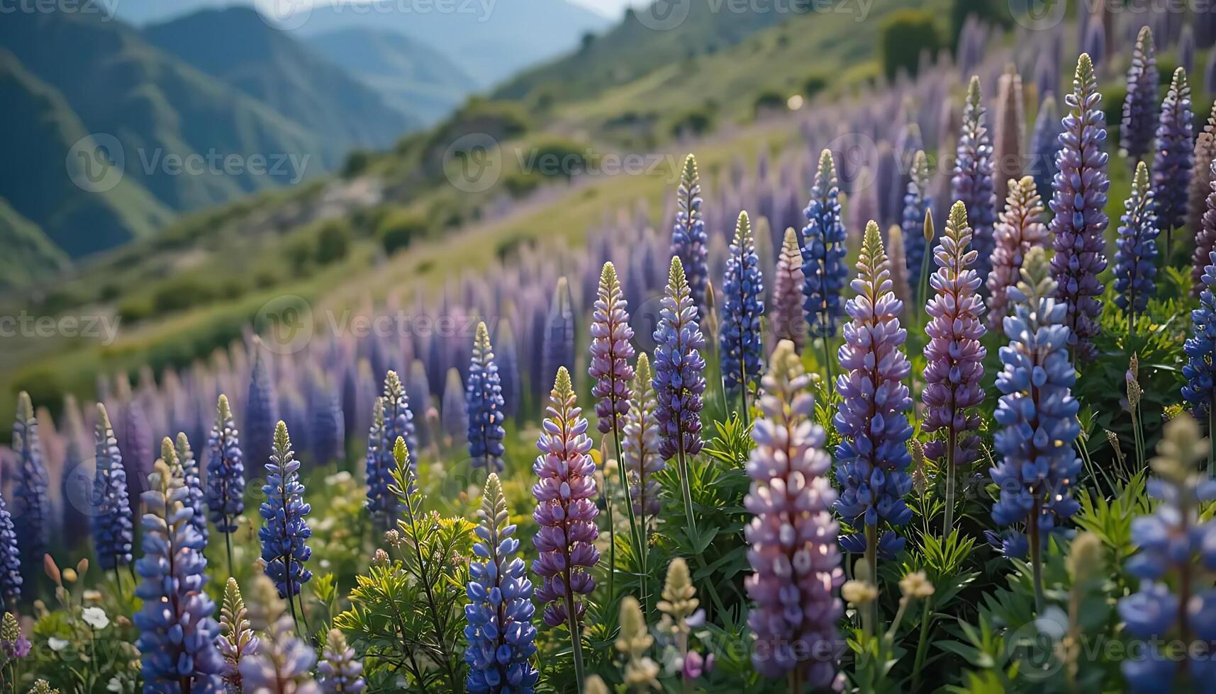 Blooming Lupine Field in Mountain Landscape A Breathtaking View with Colorful Wildflowers Stretching Across the Slopes under Soft Sunlight A Serene Natural Scene photo