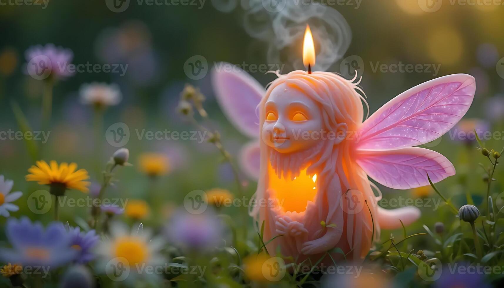 Enchanting Fairy Candle with Glowing Wings Illuminating a Vibrant Flower Meadow, Symbolizing Magic, Serenity, and the Delicate Balance of Nature in a Dreamlike Setting photo