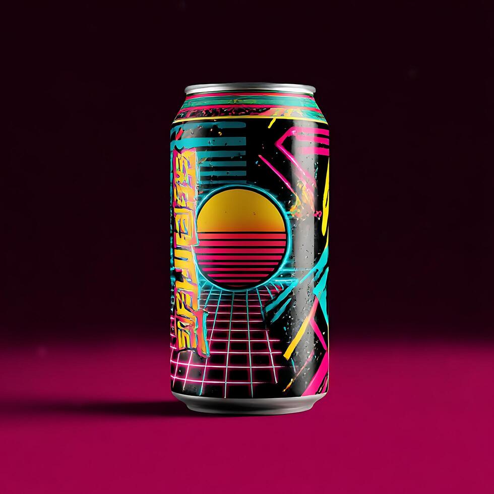 Retro 80s style aluminum can design mockup with vibrant colors and geometric patterns photo