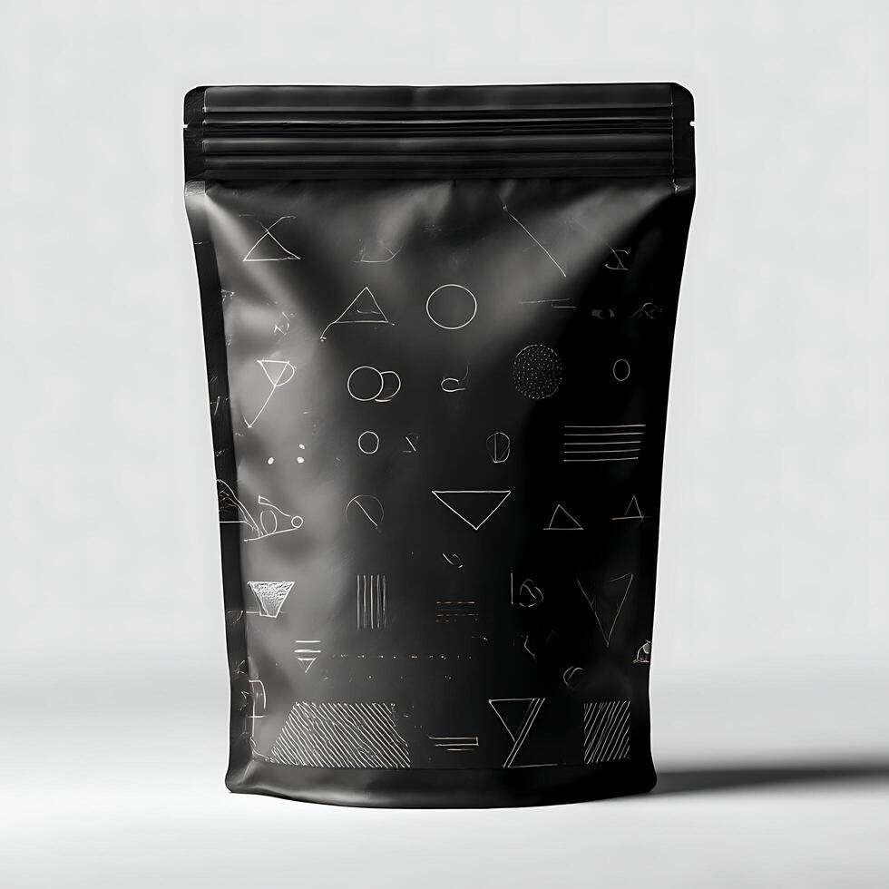 Black stand up pouch packaging with minimalist geometric design photo