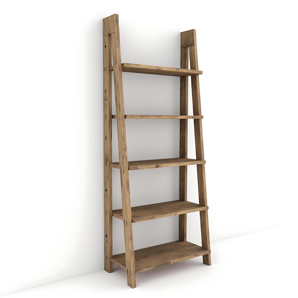 A ladder shelf against a white wall photo