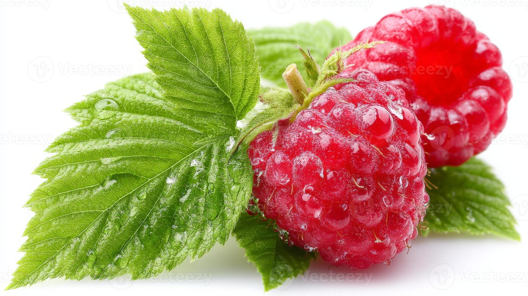 Zoom Close up of Juicy Red Raspberries with Green Leaves on White Background photo