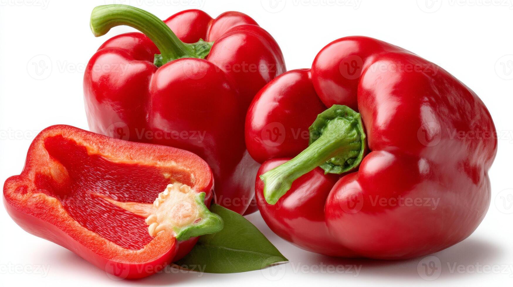 2 Plump Red Bell Peppers and Half on White Background photo