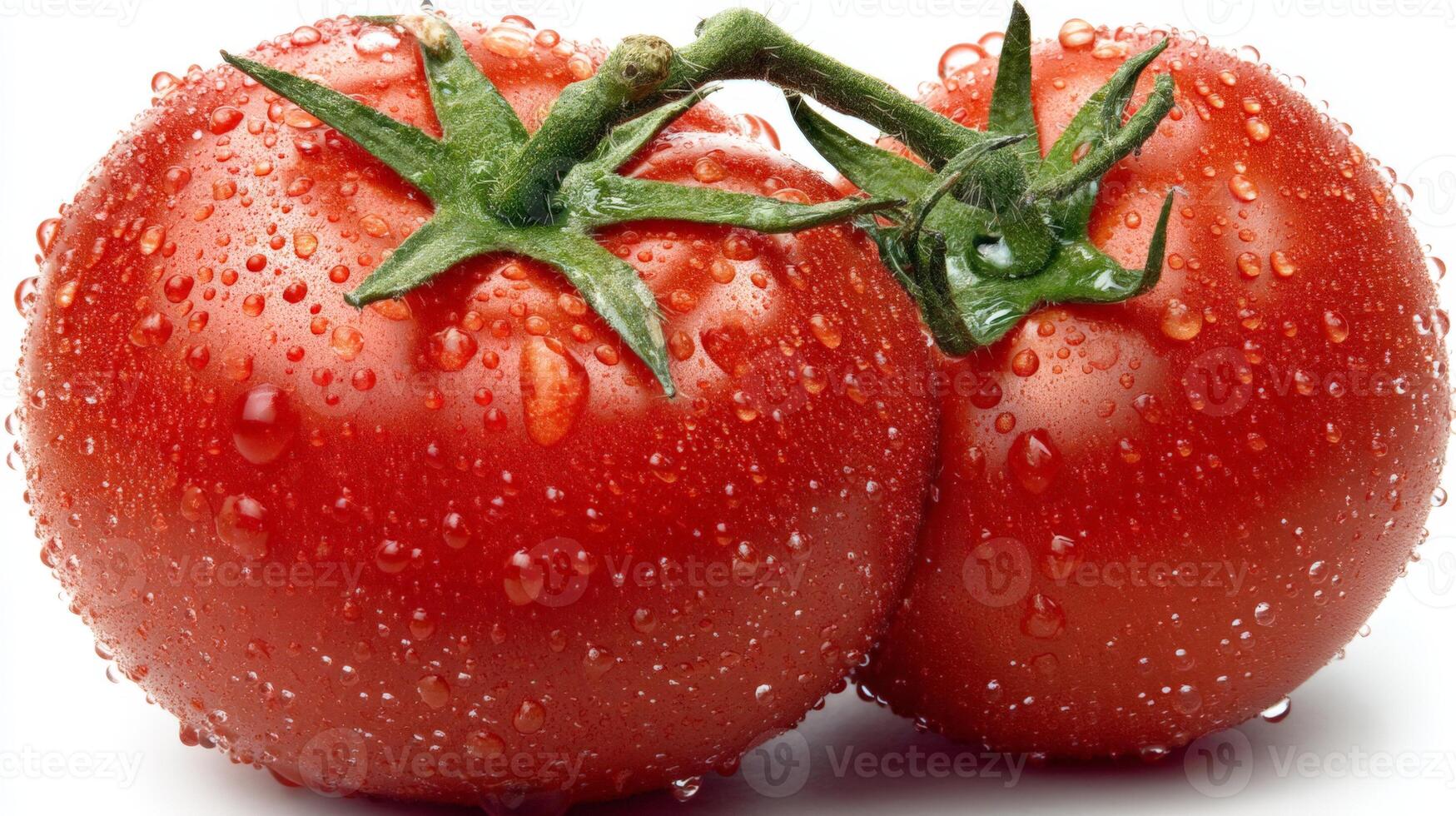 2 Ripe Red Cherry Tomatoes with Water Droplets on White Background photo