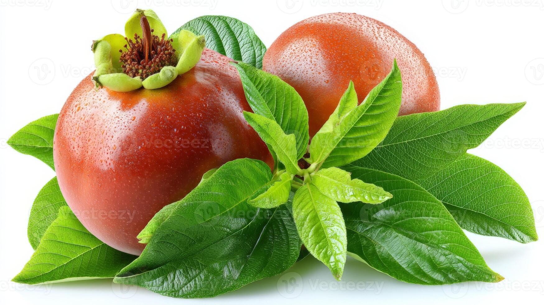 2 Ripe Red Medlars with Green Leaves on White Background photo