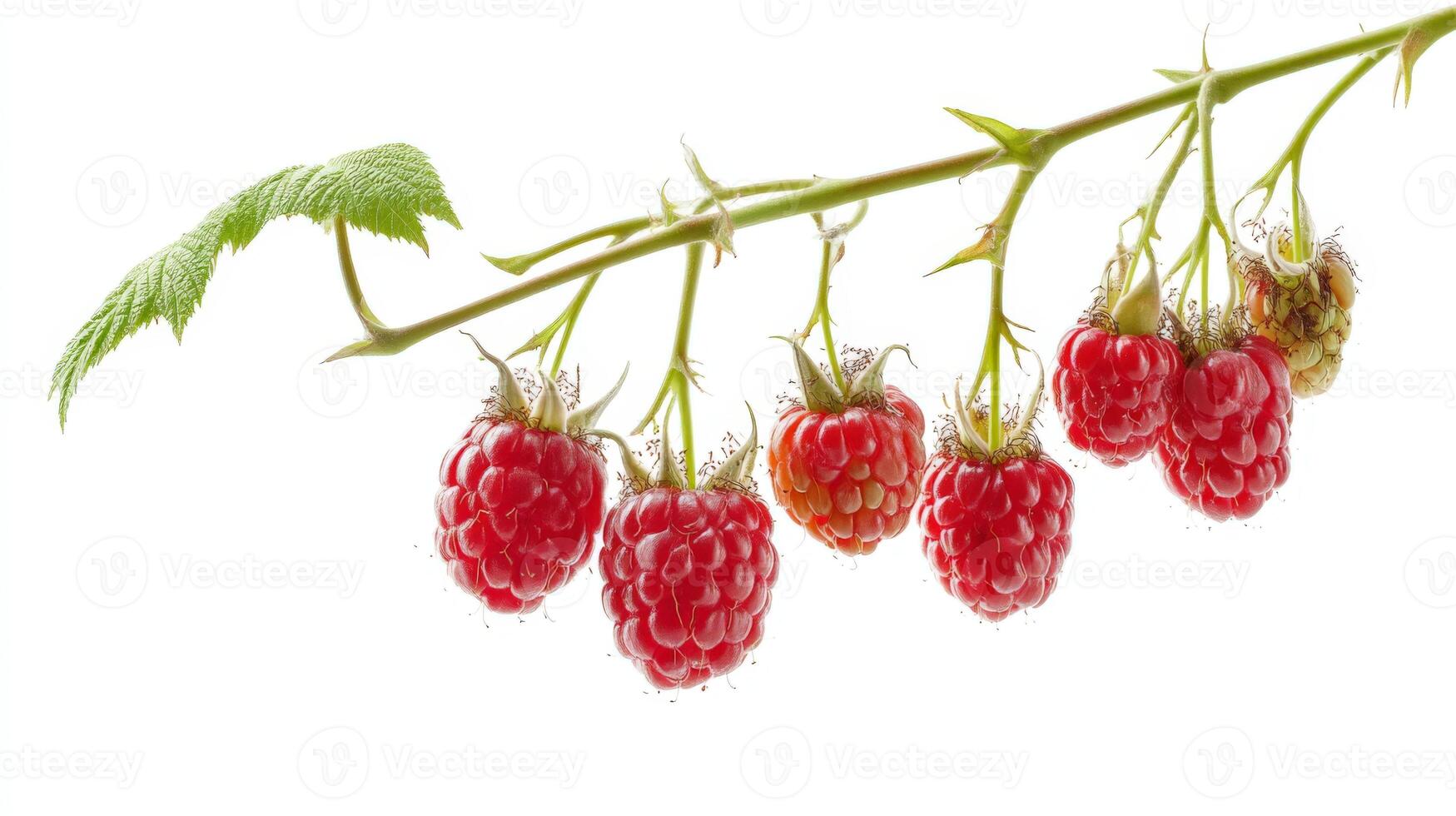 Red Raspberry Cluster on Branch with Green Leaf Isolated on White photo