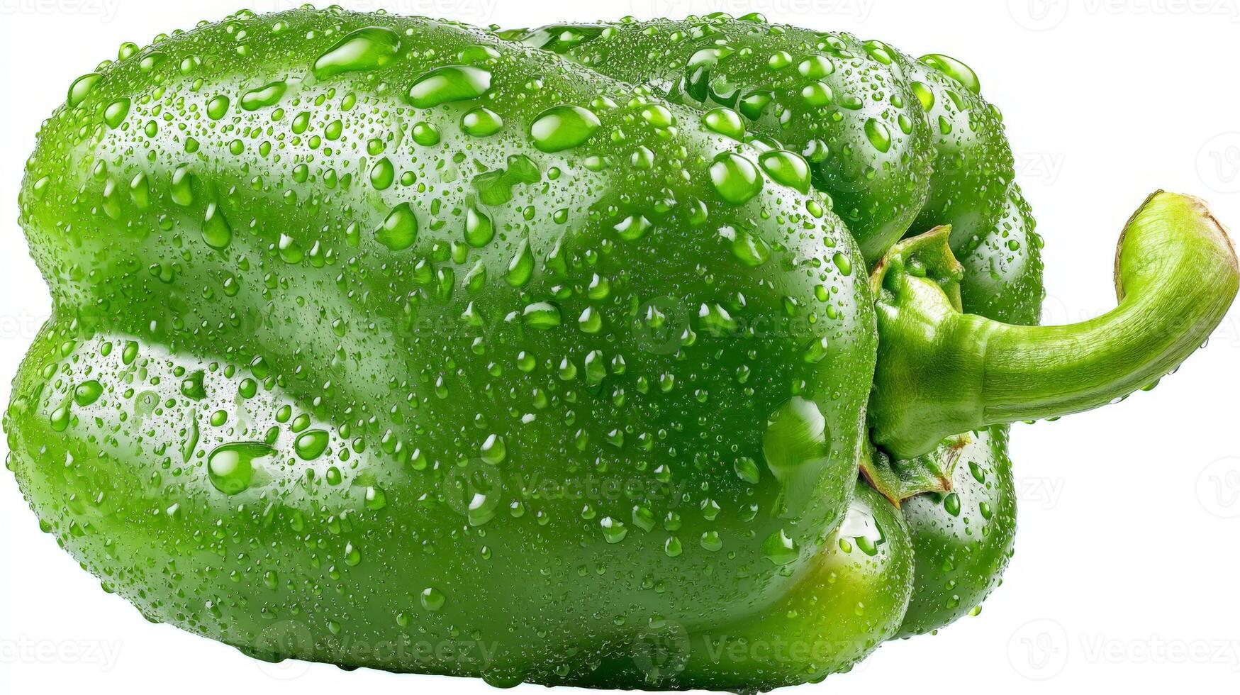 Close Up of a Fresh Green Bell Pepper with Water Drops on White Background photo