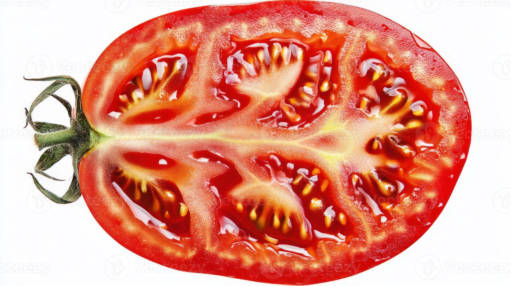 Close up of a Vibrant Red Tomato Slice Isolated on White Background photo