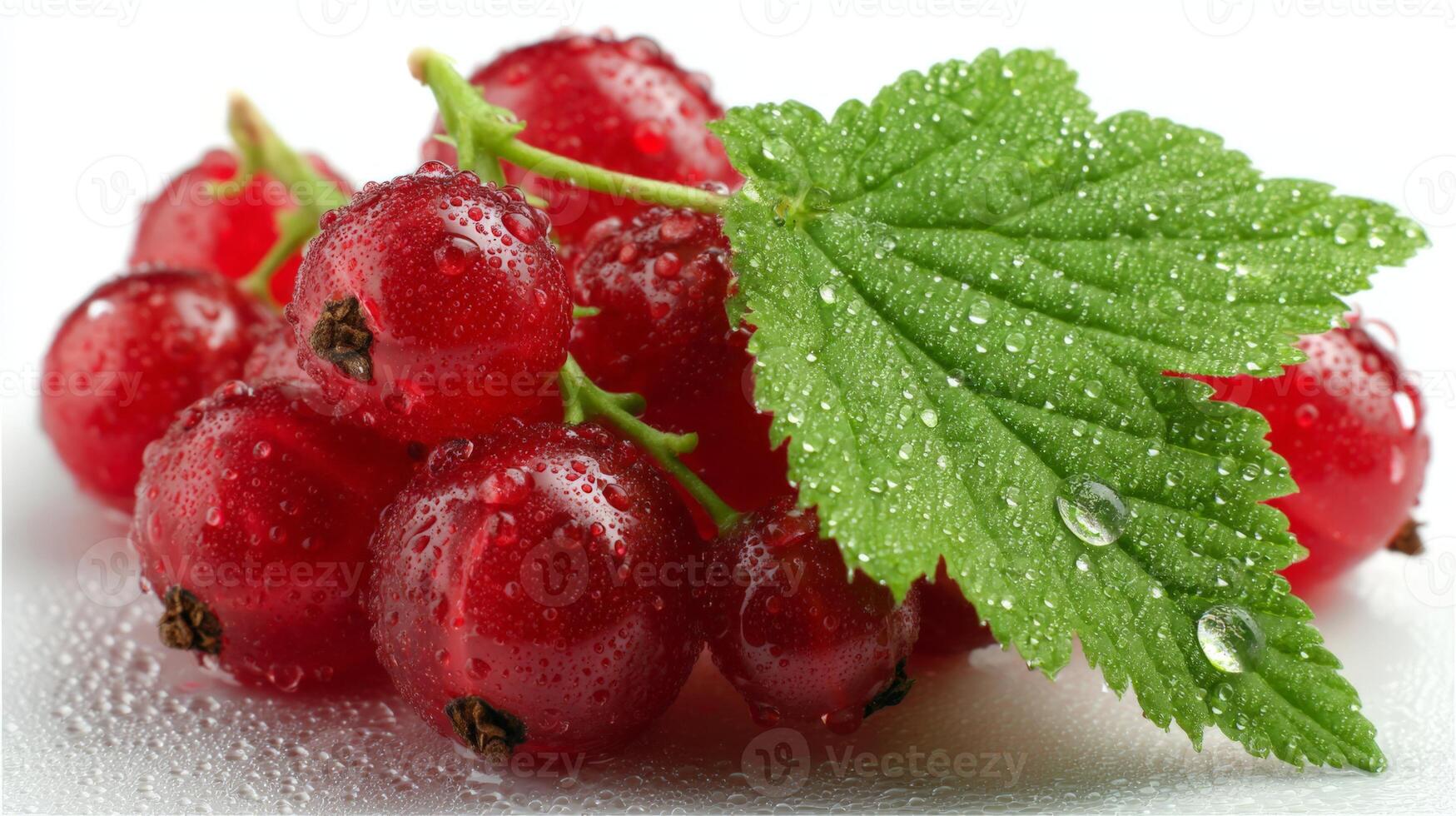 Close Up of Fresh Red Currants with Green Leaf on White Background photo
