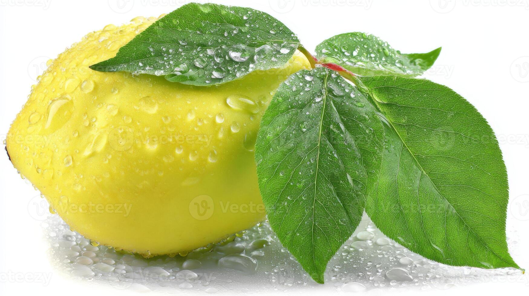 Closeup of a Fresh Yellow Lemon with Green Leaves and Water Droplets on White Background photo