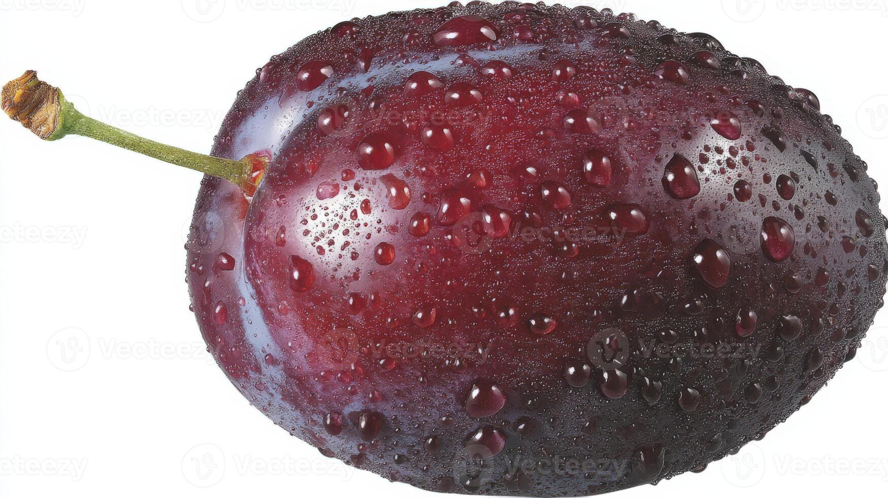 Closeup of a Juicy Purple Plum with Water Droplets on White Background photo