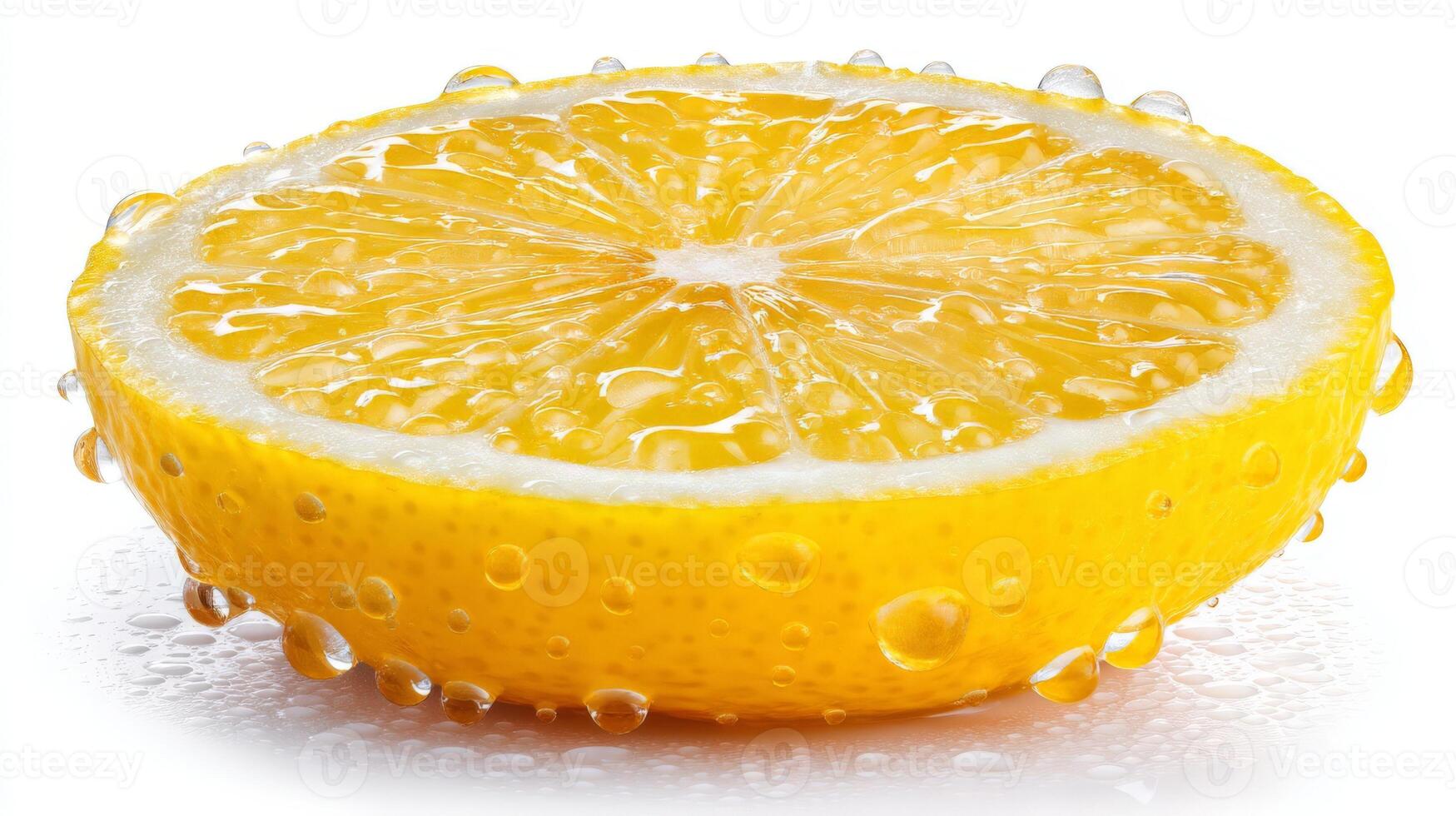 Closeup of a Juicy Yellow Lemon Slice with Water Drops on White Background photo