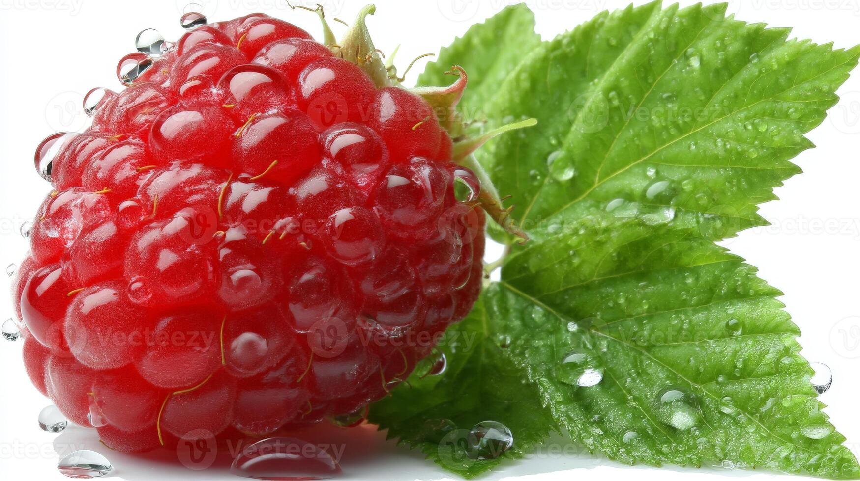 Closeup of a Ripe Red Raspberry with Green Leaves and Water Droplets on White Background photo