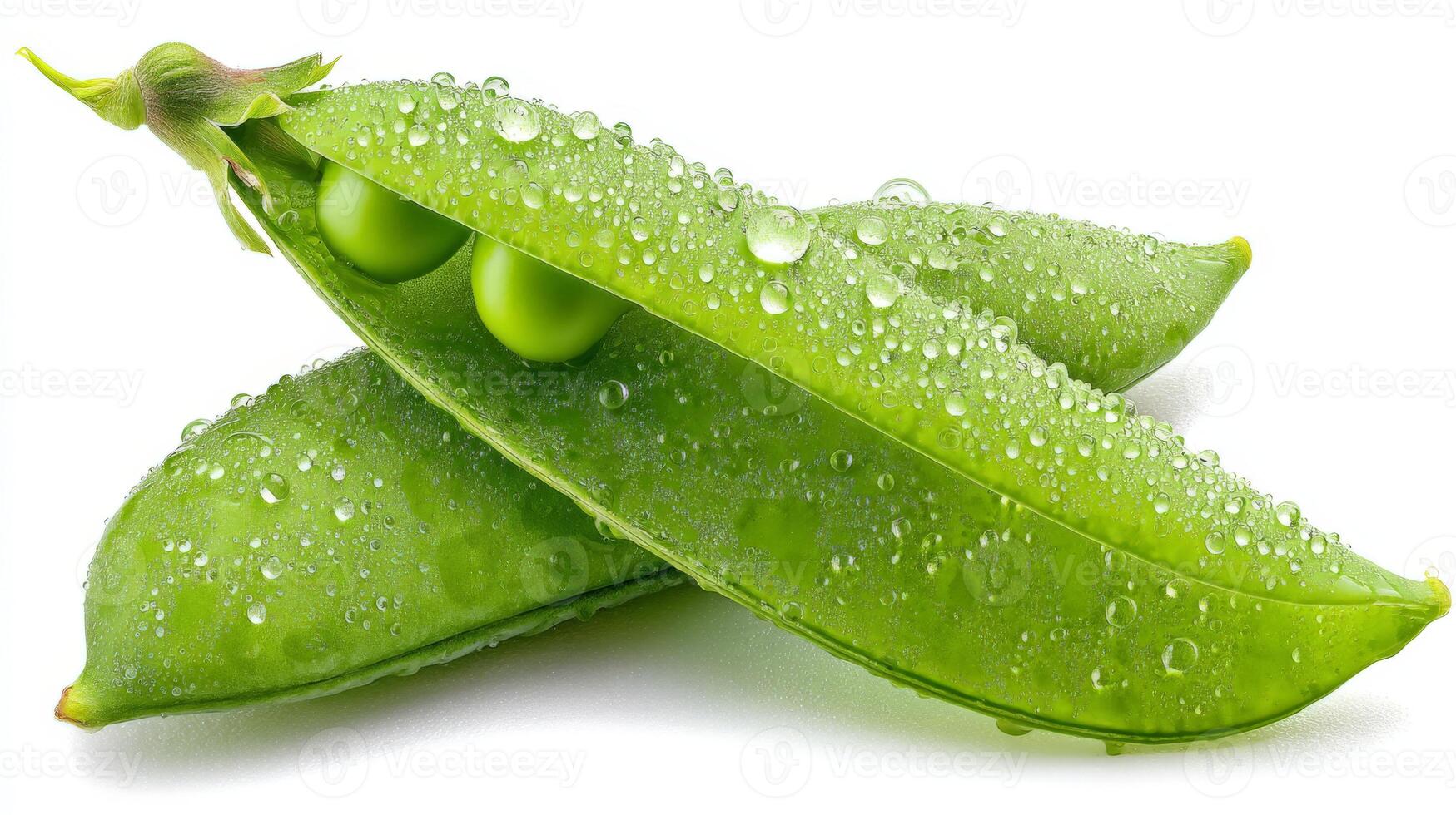 Fresh Green Pea Pods with Dew Drops on White Background photo