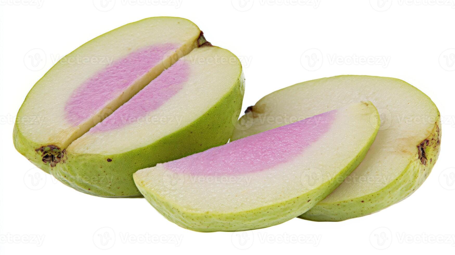 A Juicy Pink and Green Guava Fruit Slices Isolated on White Background photo